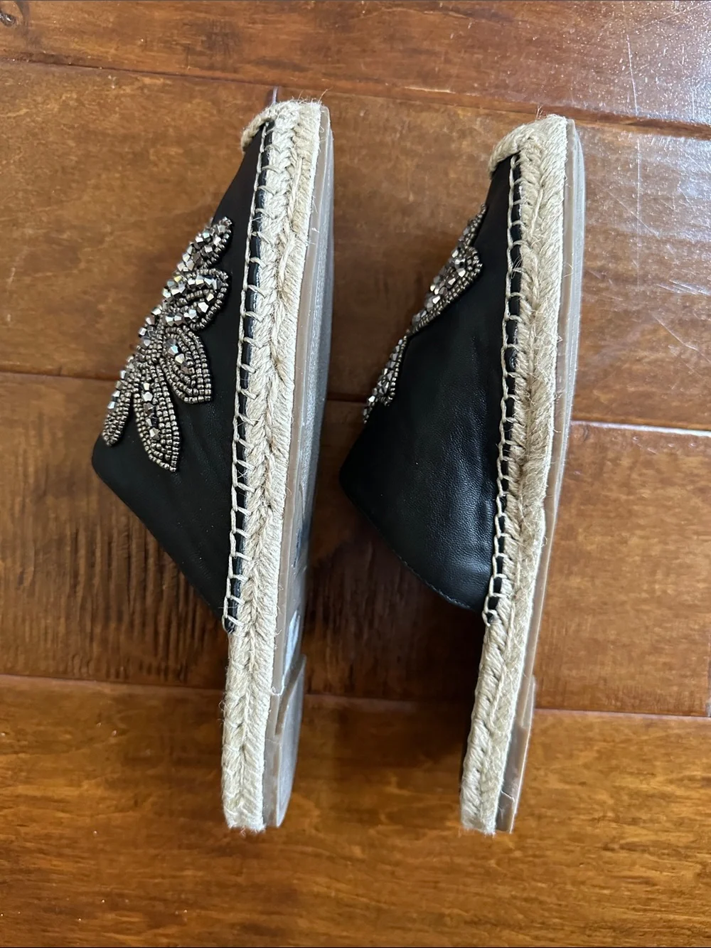 Mark Fisher 7.5 7 1/2 Leather Sparkle Black Leather Espadrille Slides Shoes